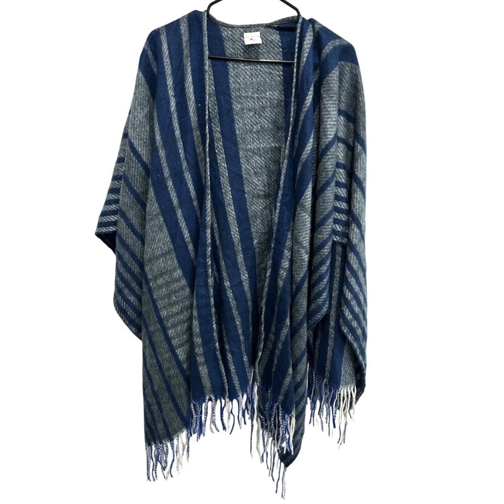 Woolrich Womens Striped Blue Gray Poncho Wrap With Fringe